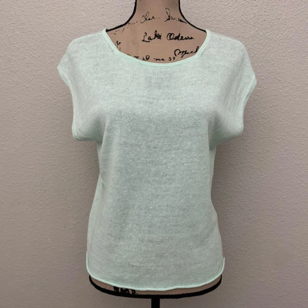 Eileen Fisher Aurora Green Organic Linen Knit Crop Sweater Top Size Petite Small - Picture 2 of 11